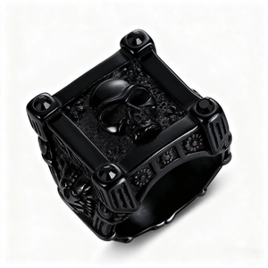 Gothic punk skull ring for men with black plating and embossed 3D square skull design
