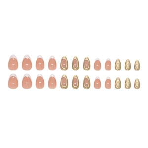 24-piece almond press-on nails with gold 3D texture and French tip design