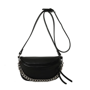 Chic black crescent crossbody bag featuring litchi grain leather and silver chain detail