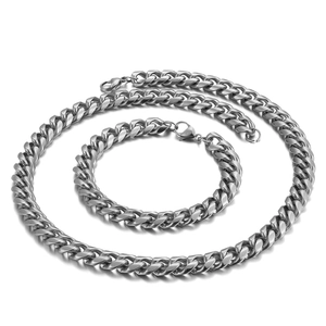Detailed view of silver stainless steel Cuban link chain necklace and bracelet set