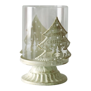 European vintage Christmas glass candle holder with reindeer forest cutout metal base