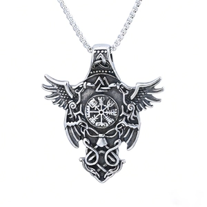 Viking Vegvisir compass necklace with double raven wings in antique silver stainless steel