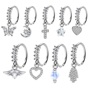 Silver Tone Copper Zircon Nose Hoop Ring With Dainty Butterfly Moon Star Heart Hamsa Hand Dangle Charms Piercing Jewelry