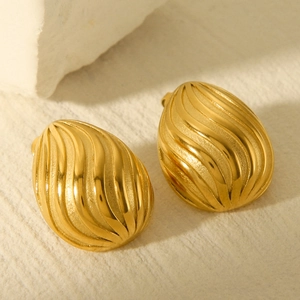 Chic 18k gold-plated stainless steel teardrop earrings with elegant wavy textured finish