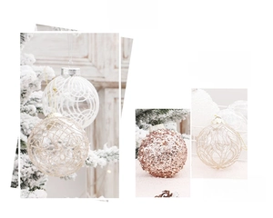 Close-up of clear Christmas balls with gold glitter patterns and rose gold sequins
