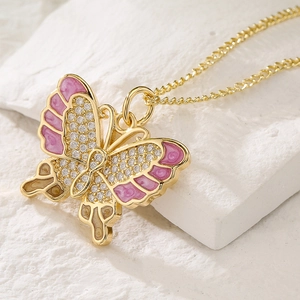 Elegant 18K gold plated butterfly pendant necklace with pink enamel and sparkling zircons