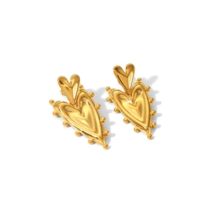 Double-layered golden stainless steel heart earrings with decorative beaded edges