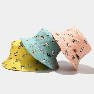 Cute reversible bucket hats with cartoon cat prints in yellow, mint, and orange colors