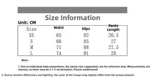Detailed size guide table for desert camo denim shorts in CM for waist and hip measurements