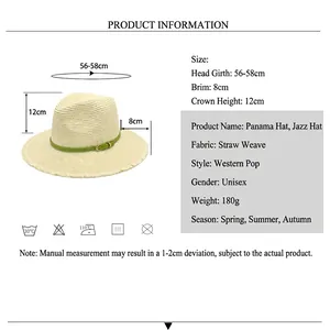 Chapeau Panama en paille pour hommes avec ruban vert et tableau des tailles
