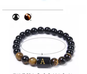 Détails du bracelet en perles d'obsidienne et œil de tigre 8mm avec cylindre lettre A