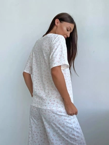 Detail of floral print on soft cotton pajama pants and short sleeve lounge set