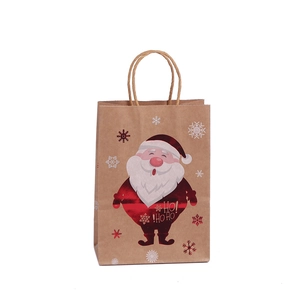 Brown Christmas kraft paper gift bag with gold foil Santa Claus and HO HO HO text