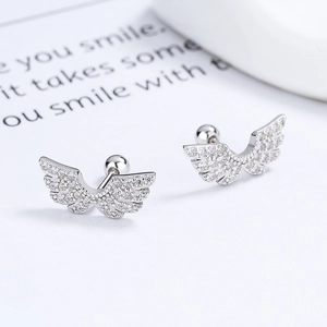 Elegant 925 sterling silver angel wing stud earrings with sparkling pave diamond crystals