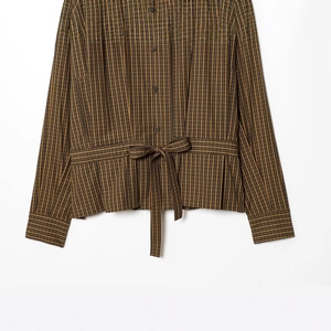 Women's plaid button-down shirt in tan with waist drawstring and long sleeves