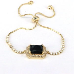 Adjustable gold box chain bracelet with square black zircon and white diamond halo