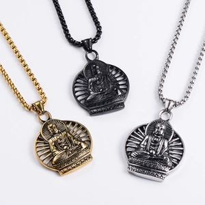 Religious Buddhism Buddha pendant necklaces shown in gold, black and silver finishes