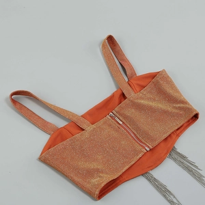 Detail of orange sequined camisole featuring silver fringe tassels and back zipper