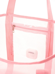 Pink mesh beach tote with internal clear PVC zipper pocket for large travel storage