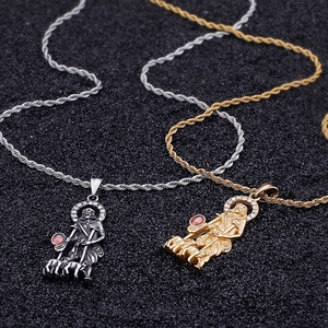 Retro stainless steel shepherd pendant with 18k gold plating and red gemstone inlay