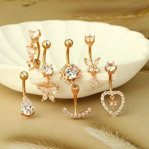 Gold stainless steel belly rings set with sparkling zircon in heart and butterfly designs