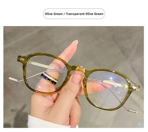 Detailed view of olive green resin frame with slim silver metal temples for eyewear