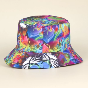 Detail of double-sided bucket hat with colorful abstract print and zebra pattern brim