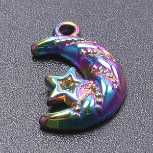 Close-up of rainbow moon and star pendant in iridescent finish for DIY necklace