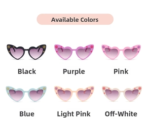 Matrix display of heart-shaped kids sunglasses in six assorted vibrant candy colors