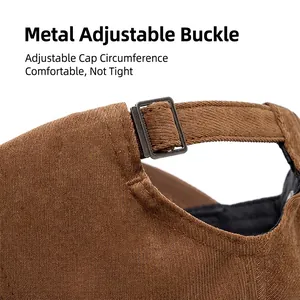 Brown corduroy baseball cap featuring an adjustable metal buckle for custom fit