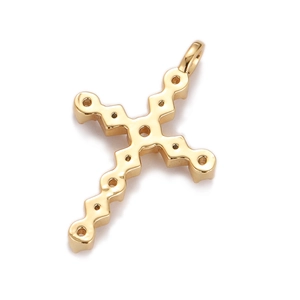 Detailed view of golden hip hop cross pendant with beaded edges and hollowed design