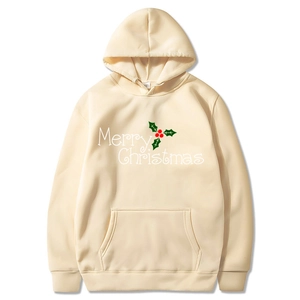 Merry Christmas print beige hoodie with drawstring hood and kangaroo pocket