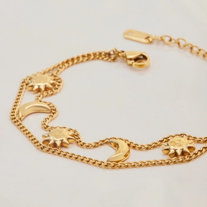Classic 18K gold-plated stainless steel double-layer bracelet with sun and moon charms