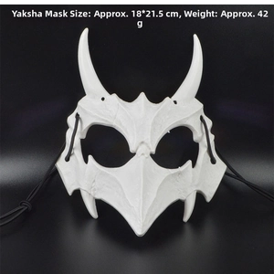 Detailed view of white Yaksha mask with horns and tusks, size 18x21.5cm, weight 42g