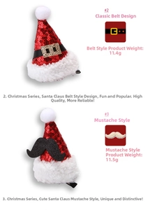 Detail of Christmas hats hair clips featuring Santa sequins with plush white faux fur trim