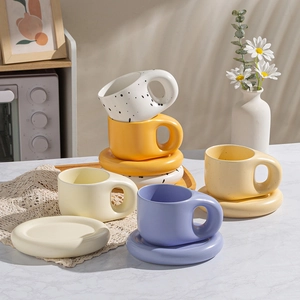 Ceramic Chubby Mug With Saucer Thick Handle Heat Resistant Coffee Cup Porcelain Microwave Safe Solid Color Decorative