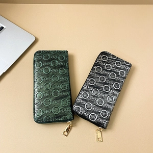 Women Long Wallet PU Leather Zippered Clutch Large Capacity Embossed Chain Pattern Card Holder Purse
