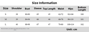 Detailed size chart for lace chiffon top and long skirt set including measurements