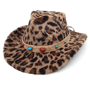 Leopard print faux fur cowboy hat with turquoise and red gemstone bohemian band