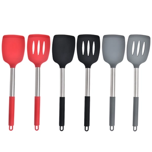 Set of 6 silicone cooking spatulas with stainless steel handles in red, black, and grey