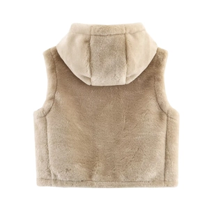Gilet à capuche en fausse fourrure beige pour femme avec polaire douce vue de dos