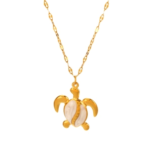Golden starfish and turtle pendant necklace with white enamel inlay for beach vacation