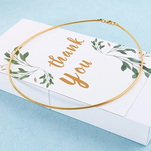 Close-up of golden stainless steel snake chain necklace with lobster clasp in a gift box