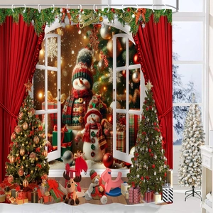 Detail of waterproof Christmas shower curtain featuring festive 3D snowmen and red curtains