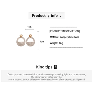 Detailed size chart for gold geometric circle earrings with rhinestones and copper material