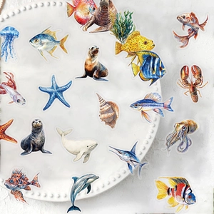 Waterproof transparent PET ocean life stickers featuring realistic fish and sea creatures