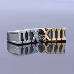 Modern stainless steel rings with Roman numeral relief on reflective surface