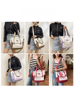 Detailed views of multi-color canvas tote bag with adjustable shoulder straps and top handles