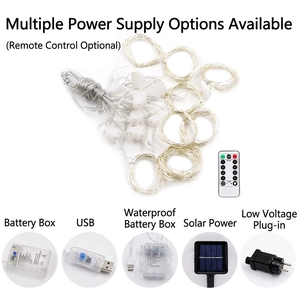 LED star curtain lights with remote control and five power modes including solar and USB