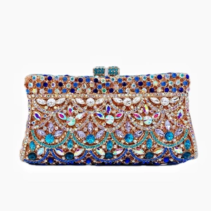 Elegant gold metal evening clutch bag with blue and purple rhinestone scales pattern